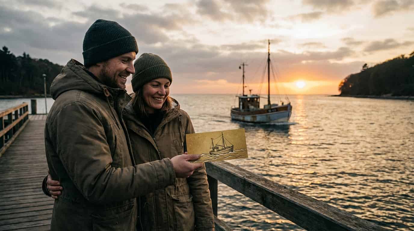 Paar mit Gutschein auf einem Steg, Kutter im Sonnenuntergang