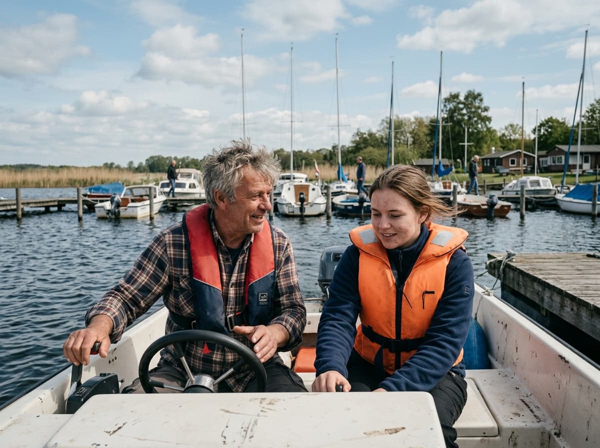 Zwei Personen am Steuer eines Motorboots im Hafen