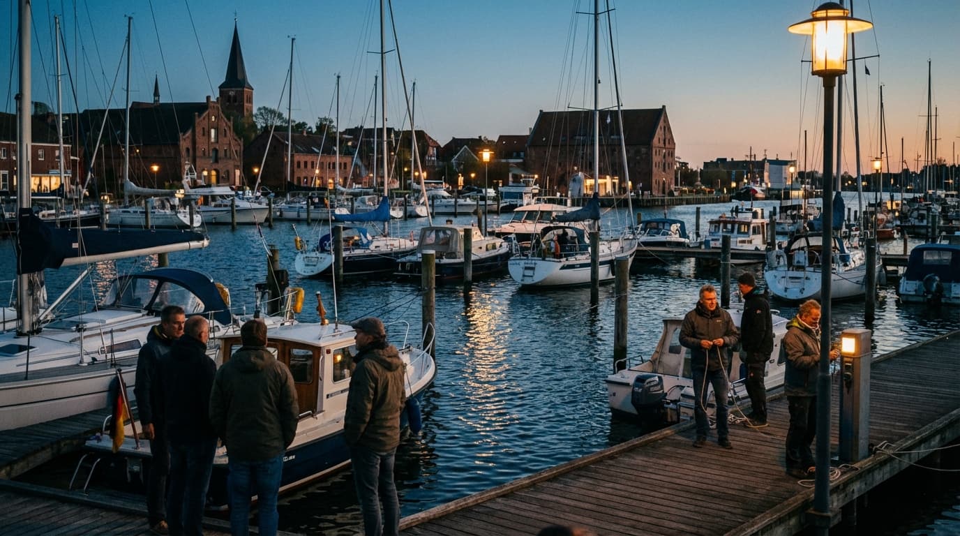 Sportboote und Segelyachten im abendlichen Hafen