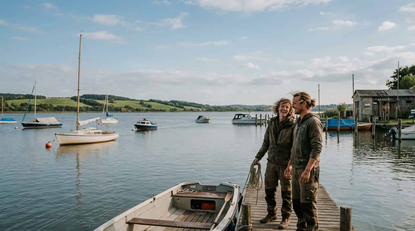 Zwei Personen auf einem Bootssteg, Segel- und Motorboote auf dem See